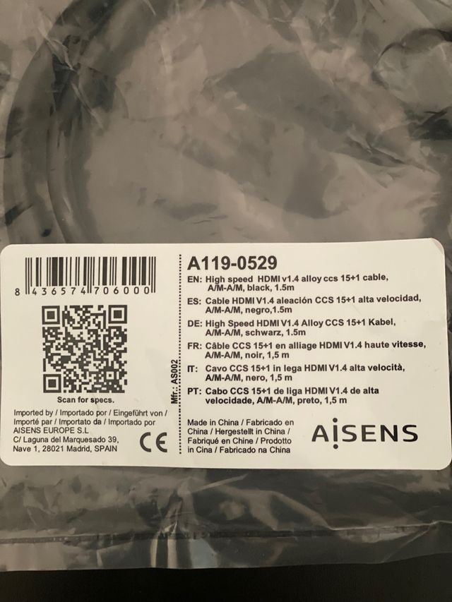 cable HDMI V1.4 marca AISENS