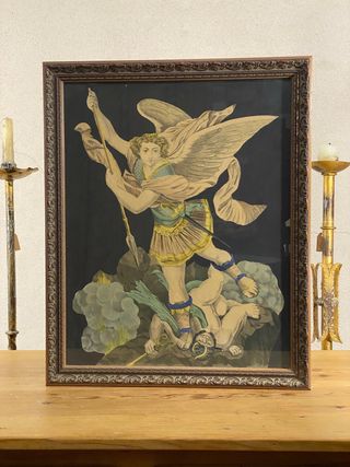 San Miguel contra Satanás. Litografía antigua.