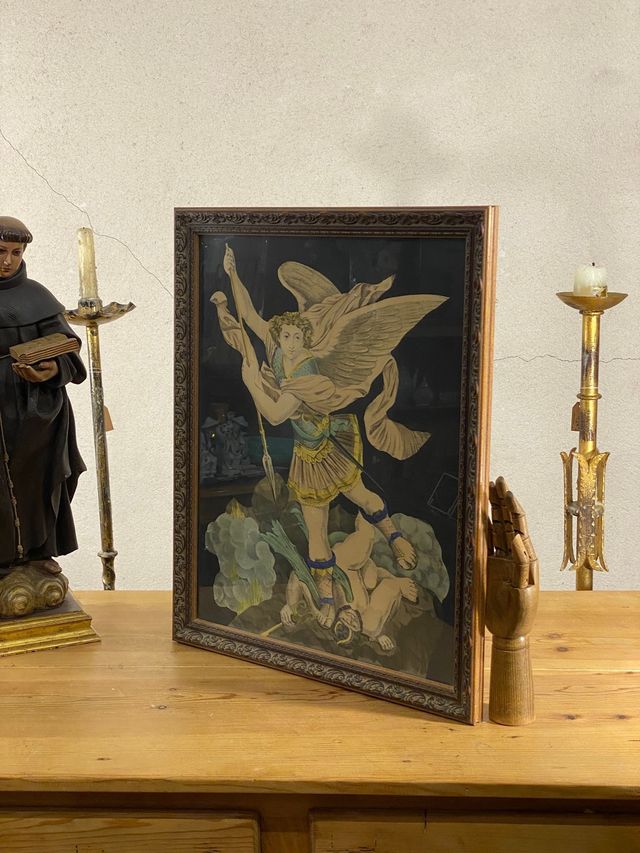 San Miguel contra Satanás. Litografía antigua.