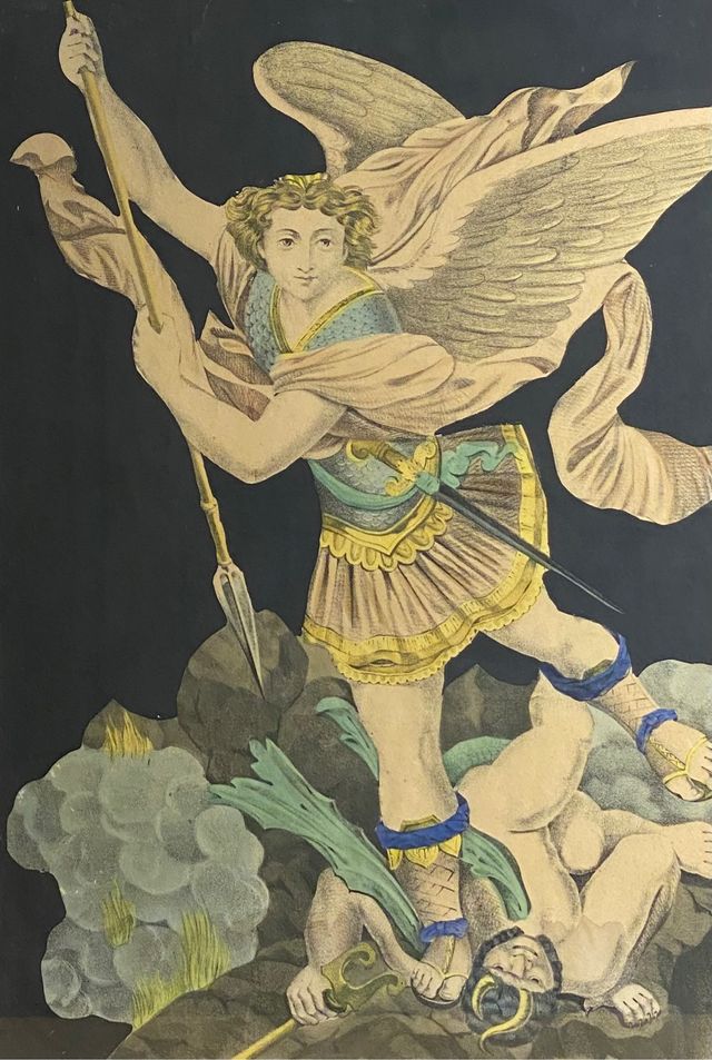 San Miguel contra Satanás. Litografía antigua.