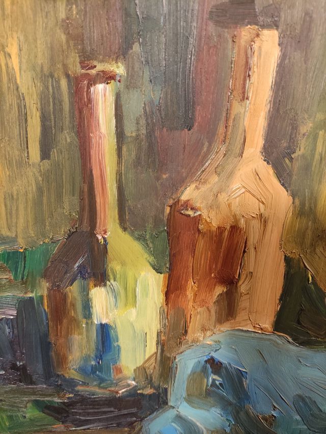 QUADRO OLIO SU TAVOLA NATURA MORTA CON BOTTIGLIE