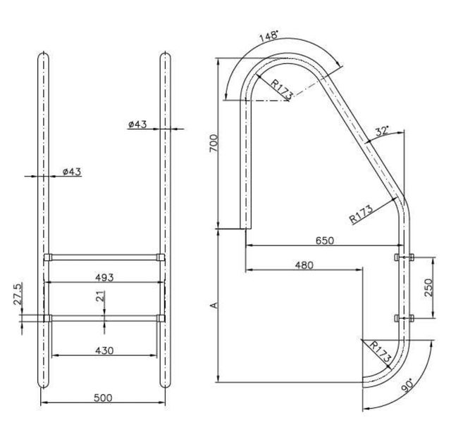 ESCALERA STANDARD INOX. AISI 304 2 PELDAÑOS
