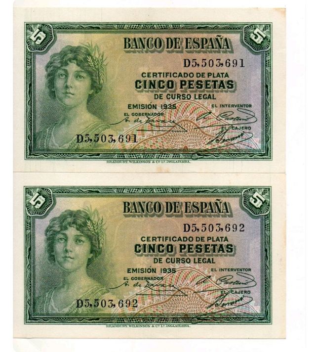 Due note correlative 5 Pesetas 1935