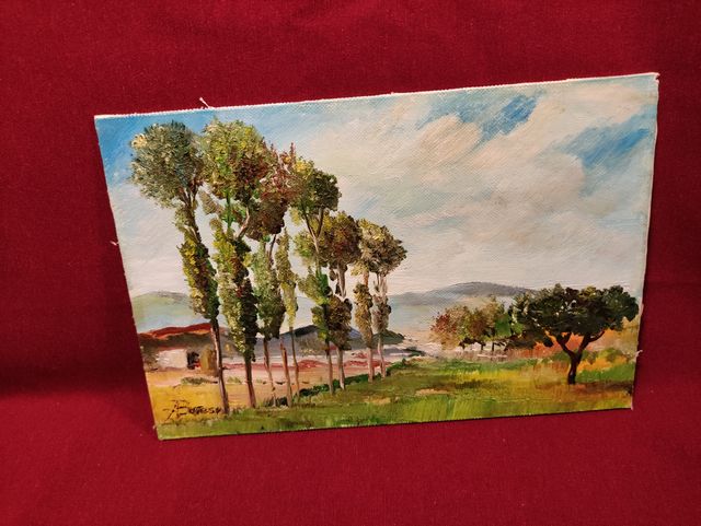 QUADRO OLIO SU TAVOLA “PAESAGGIO DI CAMPAGNA”