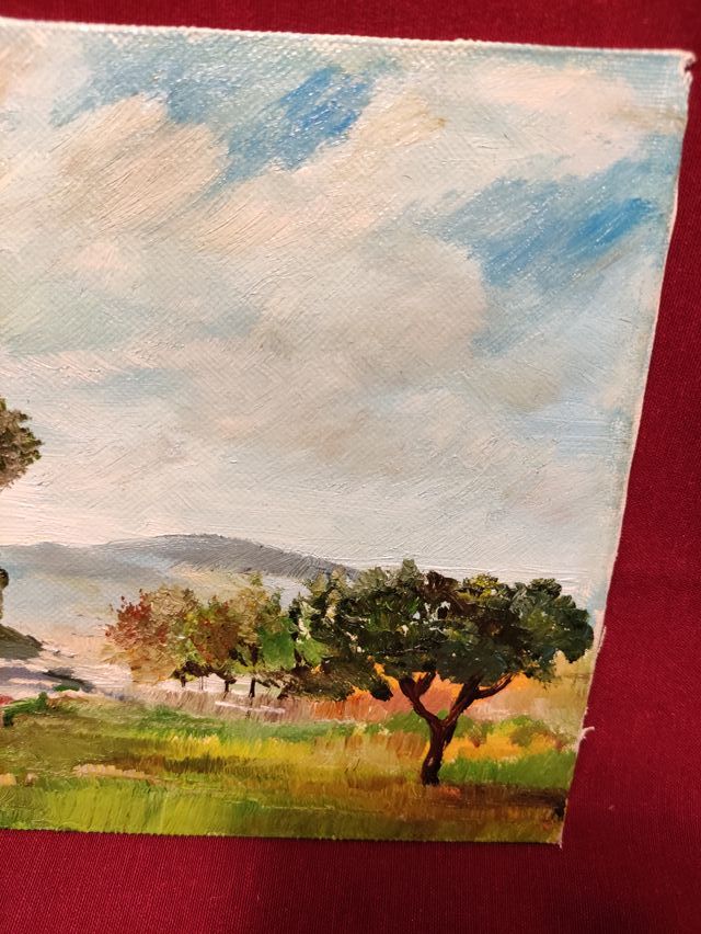 QUADRO OLIO SU TAVOLA “PAESAGGIO DI CAMPAGNA”