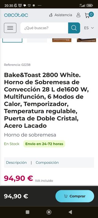 Horno sobremesa cecotec 28 lts