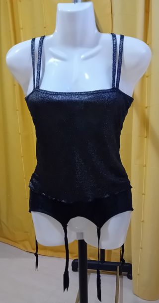 Conjunto de Top+Liguero negro-brillante