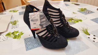 ZAPATOS SEÑORA ZARA STRADIVARIUS 38 TACON PIEL NEG