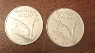 10 lire 2 pezzi monete 1977-78