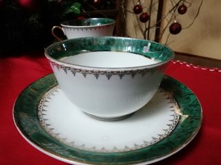 Juego de café Limoges porcelana verde dorado