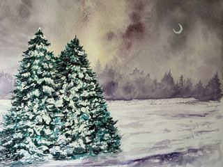 Acuarela original bosque nevado