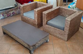 kit de dos sillones y mesa de mimbre para jardín
