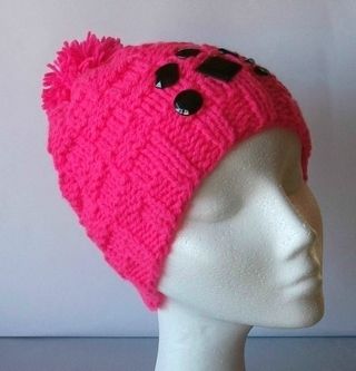 Gorro de lana tejido a mano - Rosa flúor - NUEVO