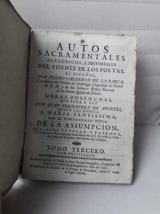 Libro antiguo pergamino Autos sacramentales 1759