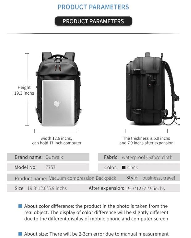 MOCHILA de VIAJE con SISTEMA de VACÍO. AMPLIABLE