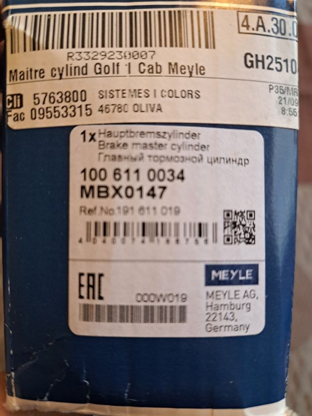 Golf cabrio mk1. Cilindro maestro