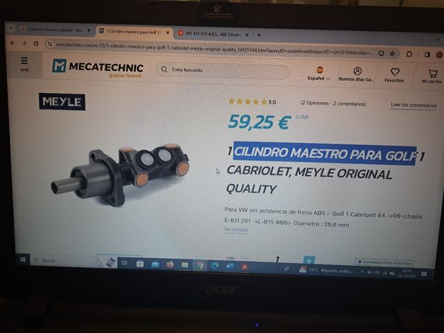 Golf cabrio mk1. Cilindro maestro