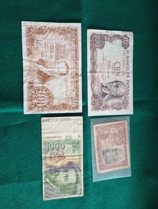 Billetes de 100, 1000 y 1 peseta.