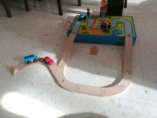 Juego vías y vehículos de madera Vintage