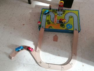 Juego vías y vehículos de madera Vintage