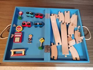 Juego vías y vehículos de madera Vintage