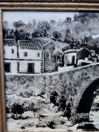 * Cuadro con azulejo pintado con paisaje de puente