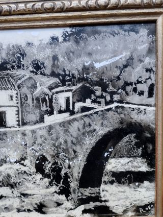 * Cuadro con azulejo pintado con paisaje de puente