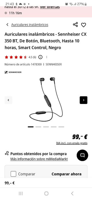 Auriculares deportivos Sennheiser CX 350 BT