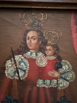 Virgen con niño, óleo estilo cuzqueño.