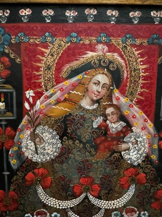Divina pastora con niño, pintada sobre óleo.