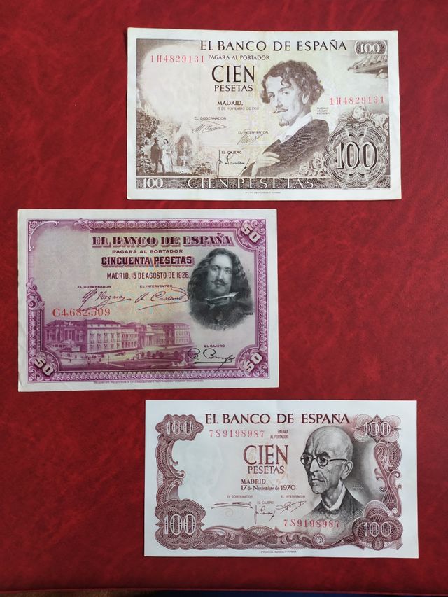 Lote de 3 billetes de 100 y 50 pesetas.