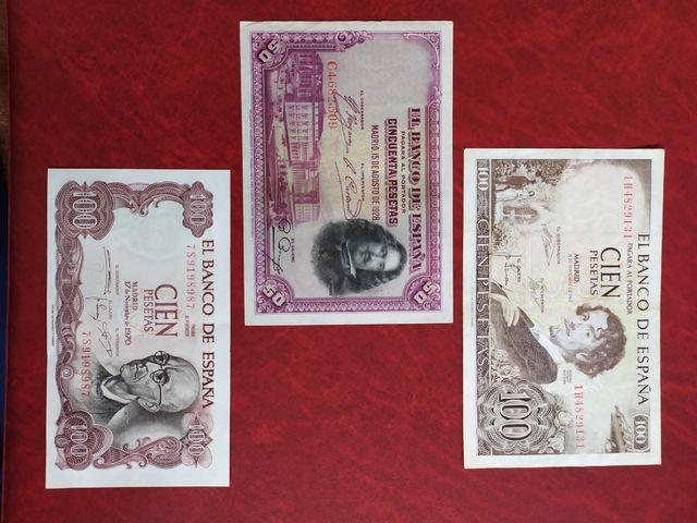 Lote de 3 billetes de 100 y 50 pesetas.