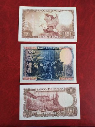 Lote de 3 billetes de 100 y 50 pesetas.