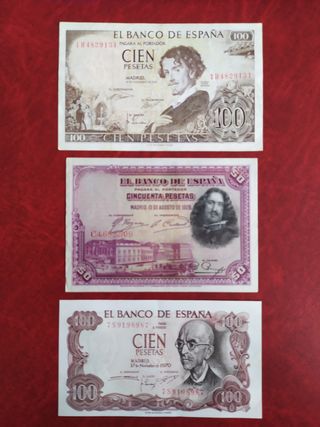 Lote de 3 billetes de 100 y 50 pesetas.