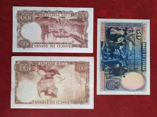 Lote de 3 billetes de 100 y 50 pesetas.