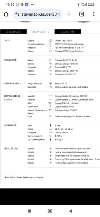 BICICLETA STEVENS CARBON TEAM ULTEGRA