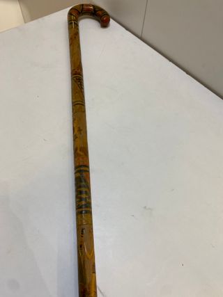 ANTICO BASTONE DA PASSEGGIO MAYA IN LEGNO INTAGLIATO DIPINTO A M