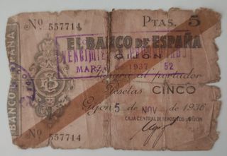 BILLETE DE 5 PESETAS GIJÓN 1936