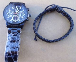 conjunto reloj pulsera metálica y pulsera de cuero