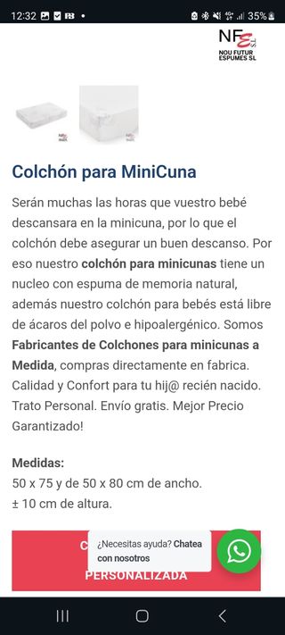 Mini cuna con colchón y vestiduras. Regalo piano