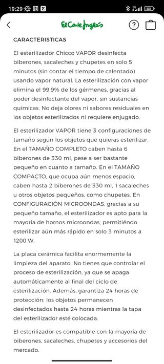 Esterelizador de biberones Chicco