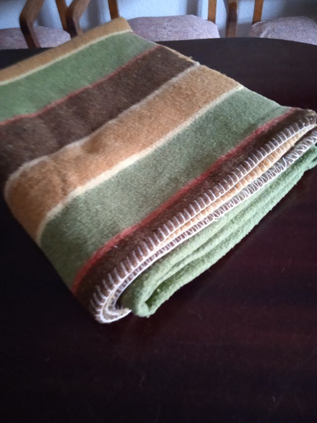 Manta lana cama 80 90 rayas verde marron 160x200