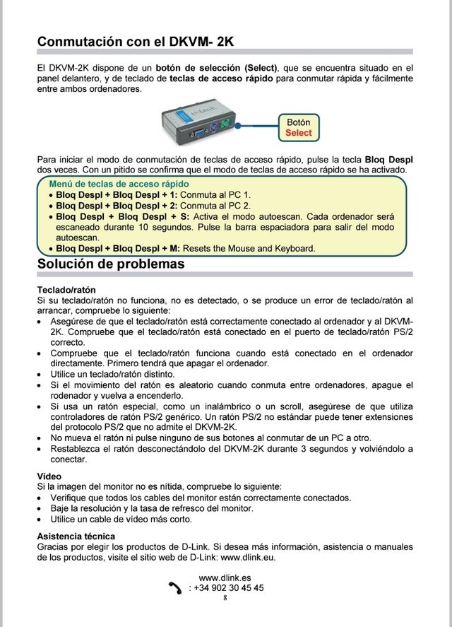 Comutador de teclado, vídeo e rato DKVM-2K de 2 portas