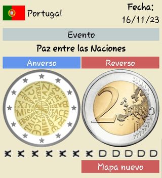 Moneda conmemorativa de 2 euros Portugal 2023 paz 