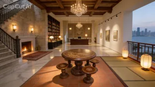 Mesa redonda y taburetes tallados