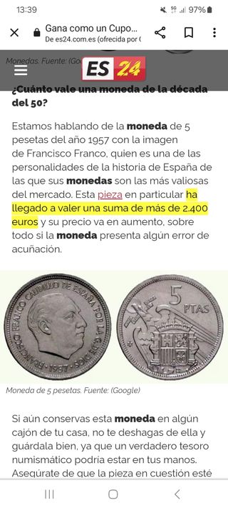 Moneda 5 ptas de 1957 estrella 59