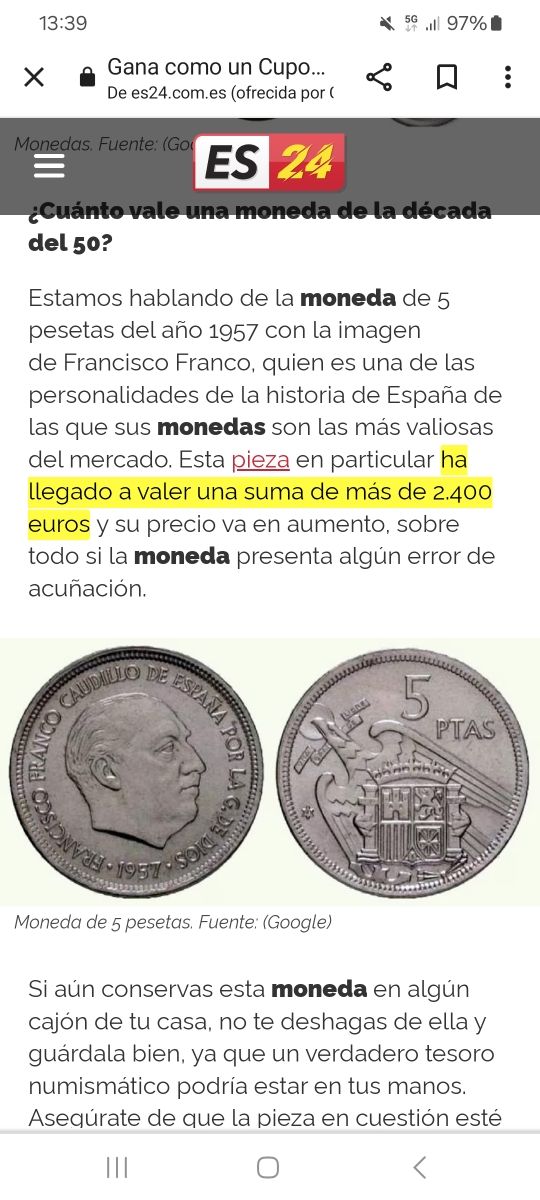 Moneda 5 ptas de 1957 estrella 59