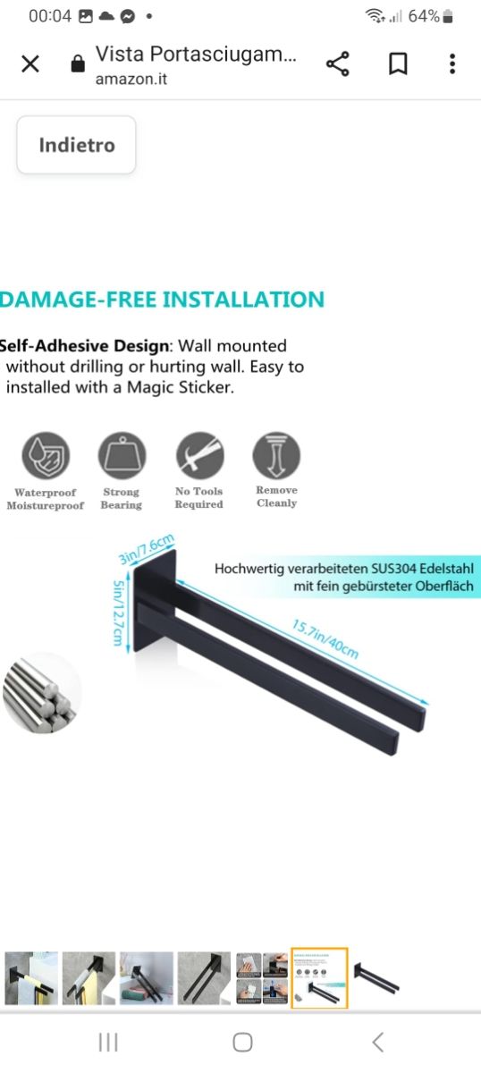 Portasciugamani Senza Foratura Nero 39 c