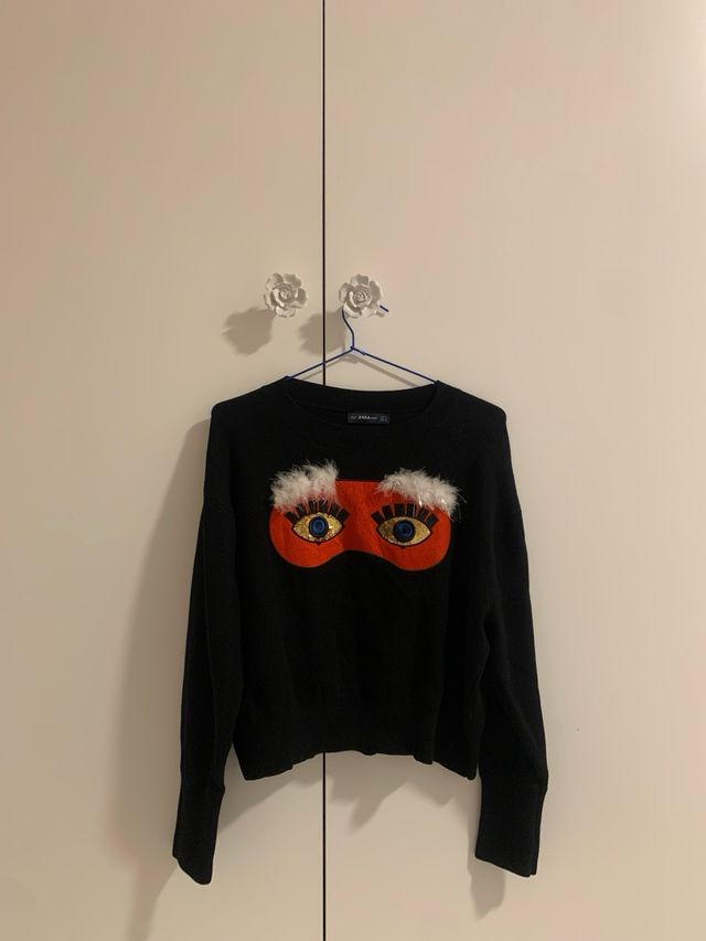 Jersey de punto ZARA plumas y estampado ojos