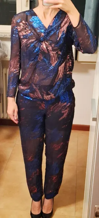 Completo lamé blusa e pantaloni in seta Maje